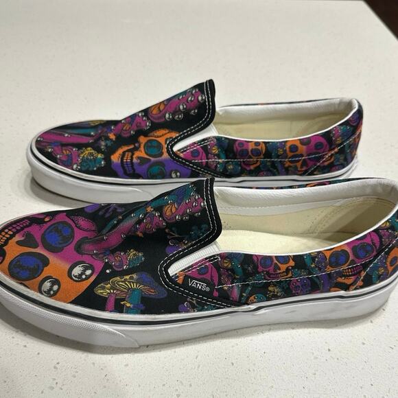 Vans Unisex Men 11.5 Women 13 Canvas Slip on Trippy Drip Skulls Mushrooms Retro - Picture 2 of 10